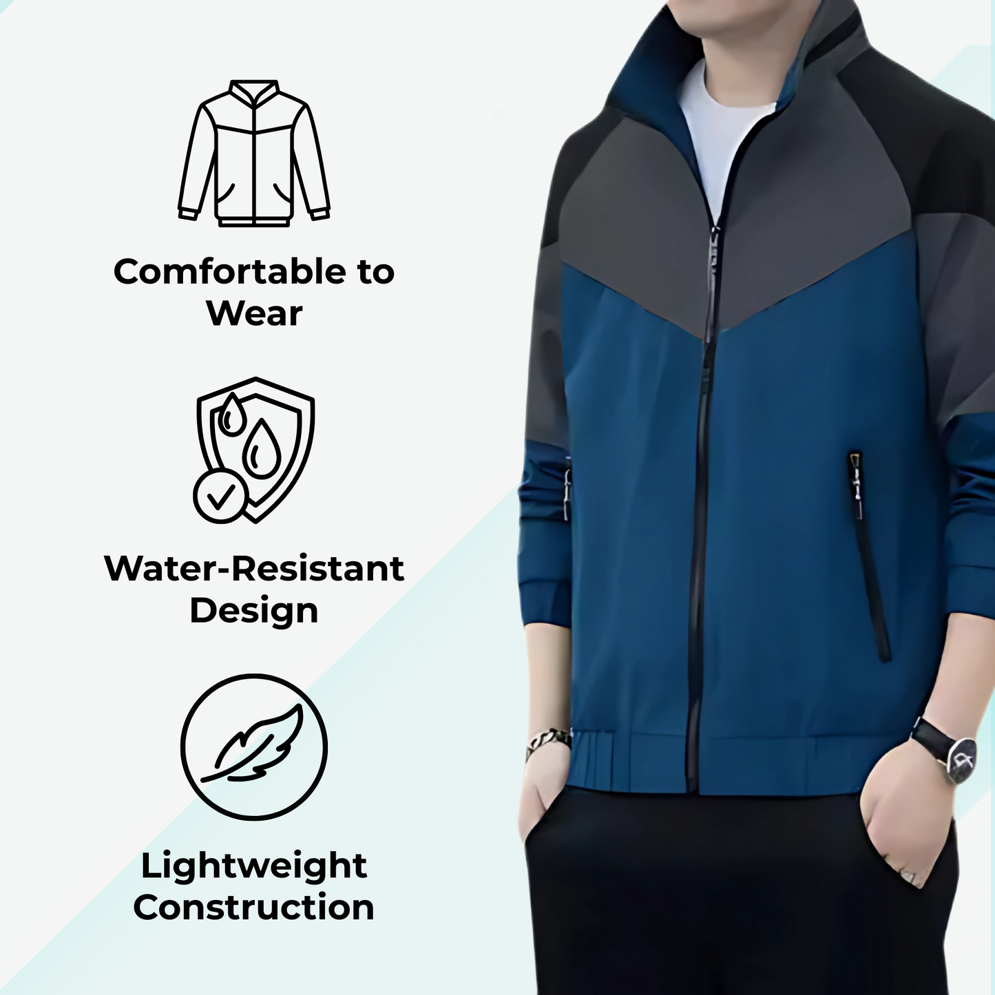 Caraba Men's Colorblock Summer Jacket | Lightweight Windcheater for Light Rain | Full Sleeves, Regular Fit, Stylish Stand Collar