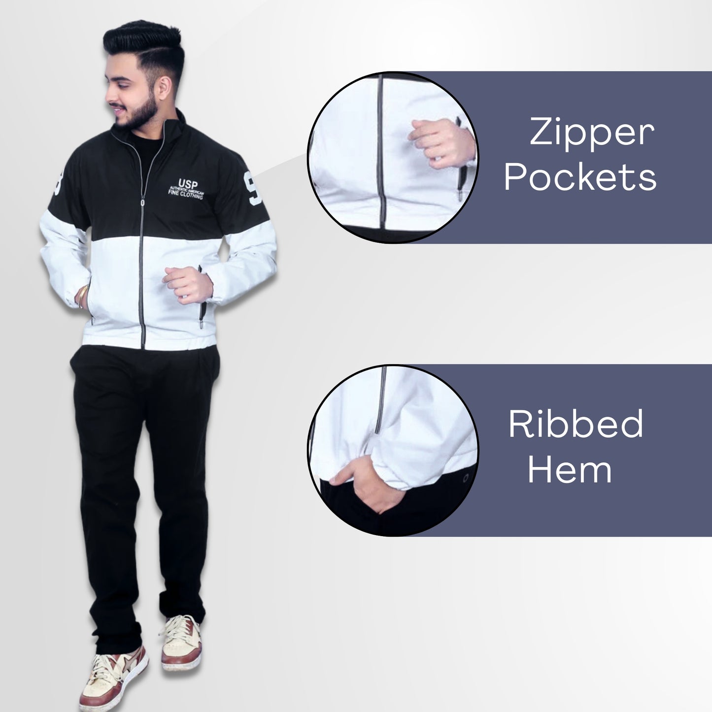 Caraba Men's Colorblock Light Rain Jacket | Stylish Nylon Windcheater | Full Sleeve Zip-Up Jacket with Stand Collar | Casual Sportswear