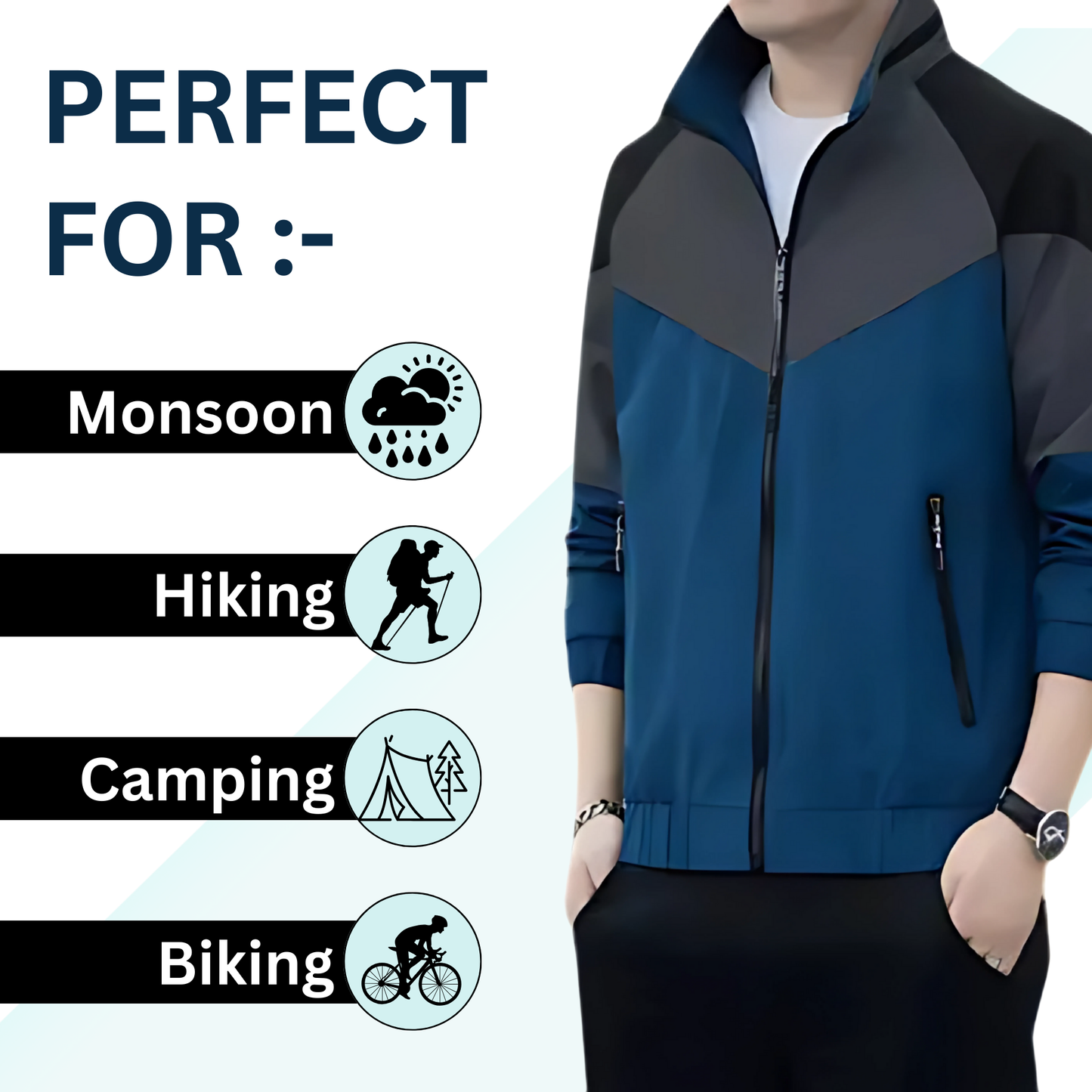 Caraba Men's Colorblock Summer Jacket | Lightweight Windcheater for Light Rain | Full Sleeves, Regular Fit, Stylish Stand Collar