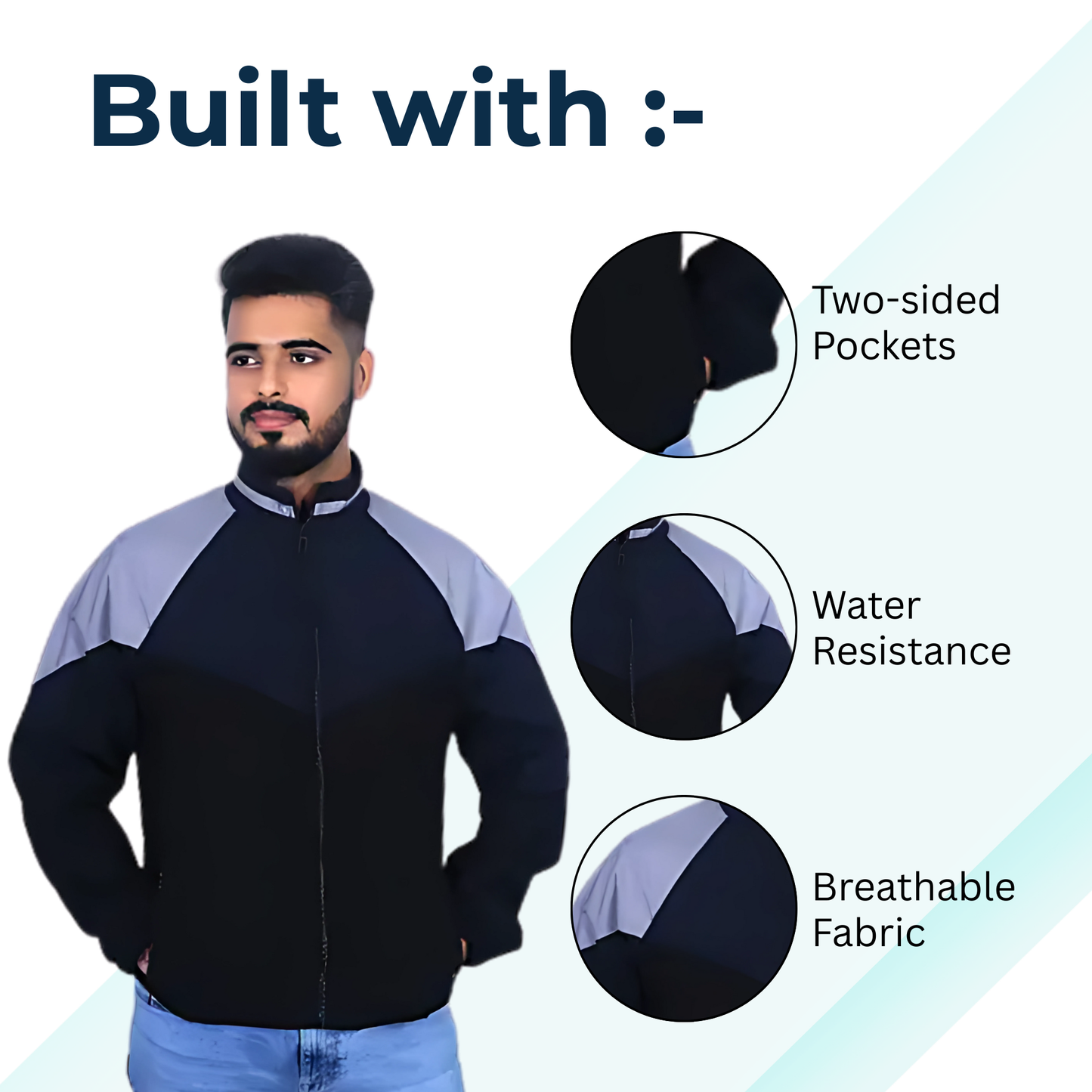 Caraba Men's Colorblock Light Rain Jacket | Lightweight Windcheater for Light Rain | Full Sleeves, Regular Fit, Stylish Stand Collar