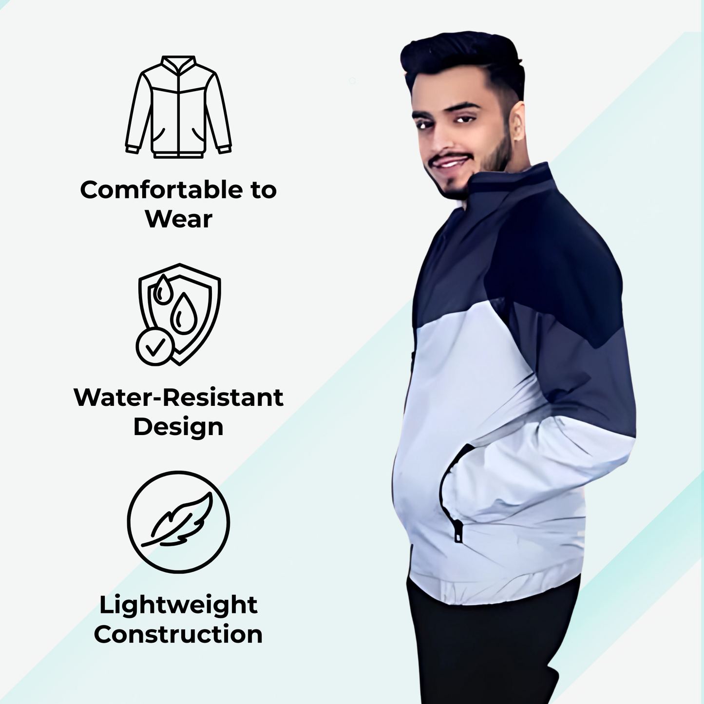 Caraba Men's Colorblock Light Rain Jacket | Lightweight Windcheater for Light Rain | Full Sleeves, Regular Fit, Stylish Stand Collar