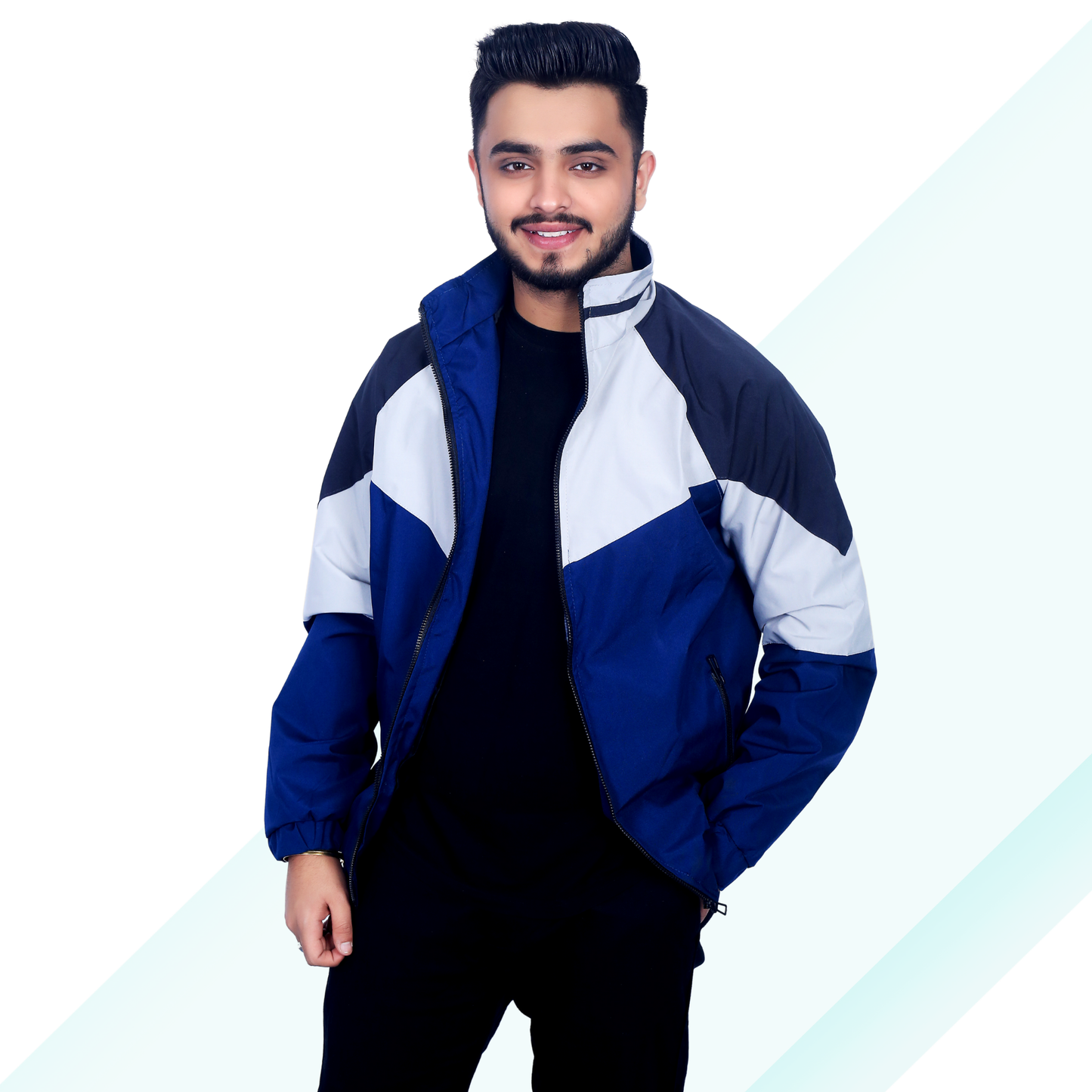 Caraba Men's Colorblock Light Rain Jacket | Lightweight Windcheater for Light Rain | Full Sleeves, Regular Fit, Stylish Stand Collar