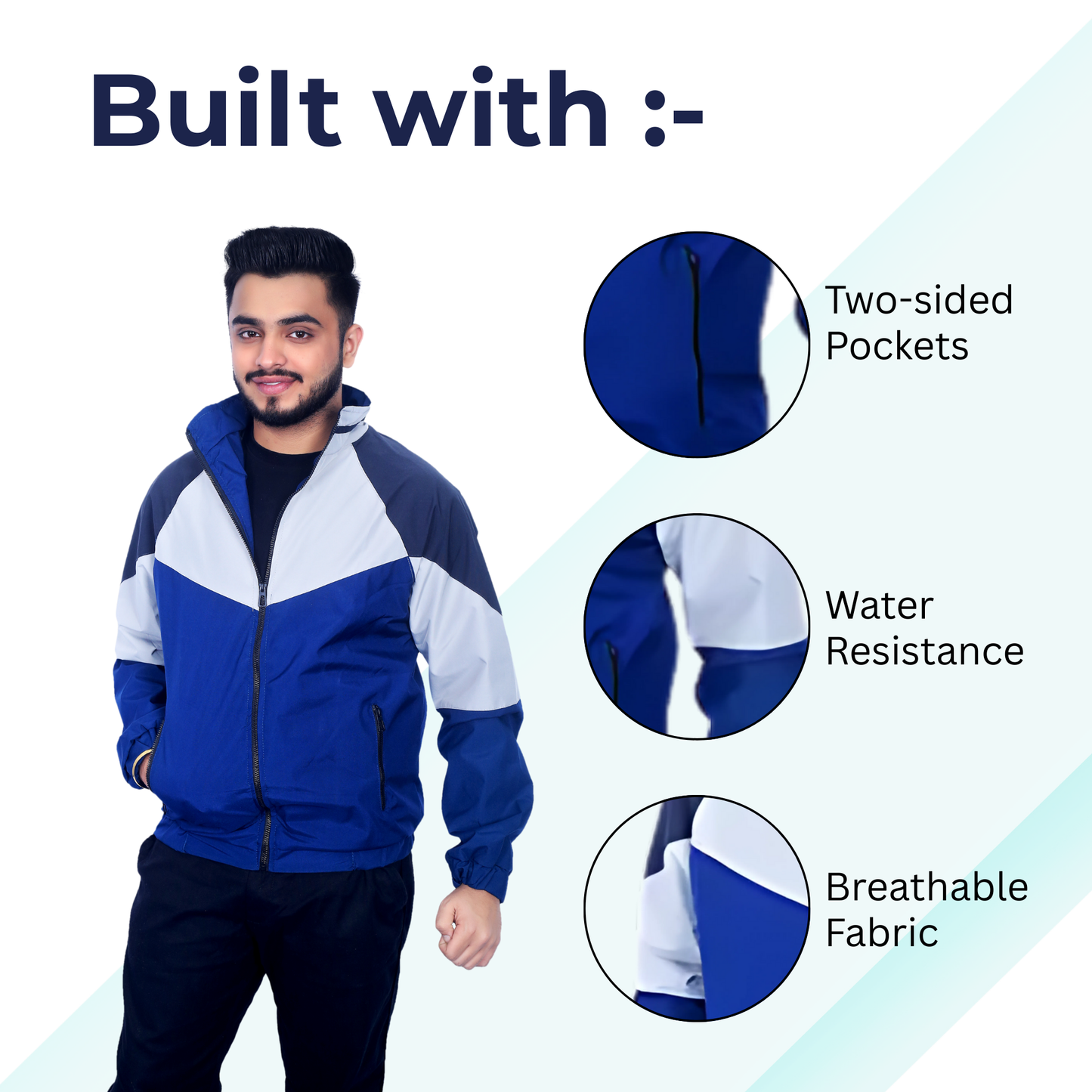 Caraba Men's Colorblock Light Rain Jacket | Lightweight Windcheater for Light Rain | Full Sleeves, Regular Fit, Stylish Stand Collar