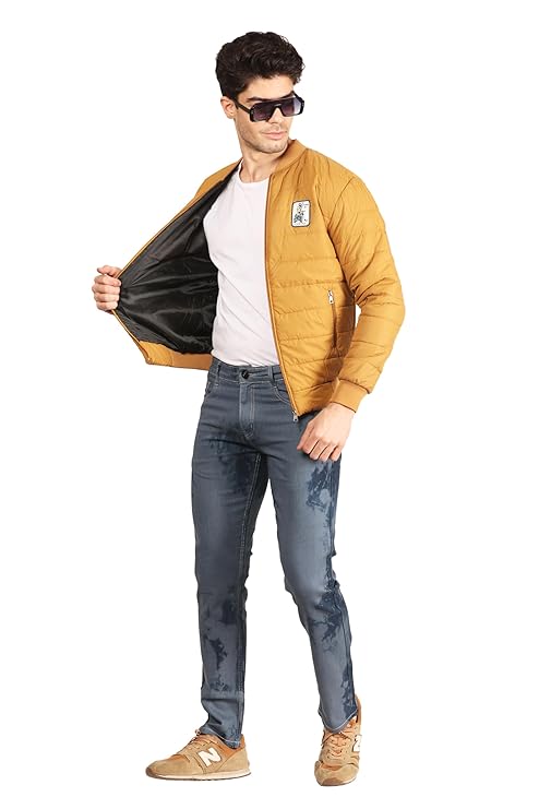 Men's Quilted Full Sleeves Bomber Puffer Zipper Stand Collar Winter Jacket