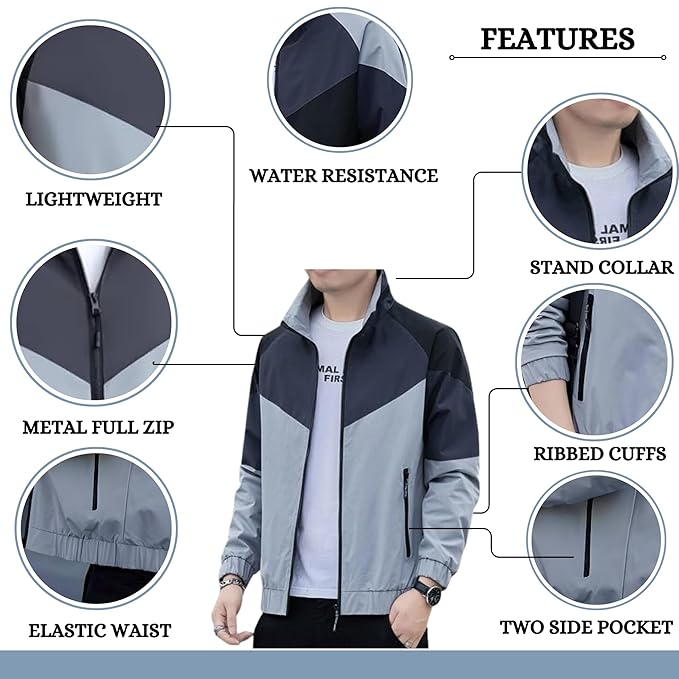 Caraba Mens Jackets for Winter, Lightweight Windcheater Jacket, Full Sleeves, Regular Fit, Stylish Stand Collar, Zipper Closure