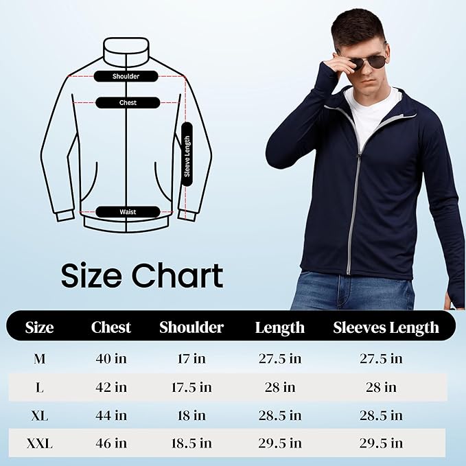 Caraba Men's UPF 50+ Sun Protection Jacket | Full Sleeves Polyester Sunscreen Running Jacket | Outdoor Sportswear for Running, Hiking & Activities (M, L, XL, XXL | Navy, Black, White)