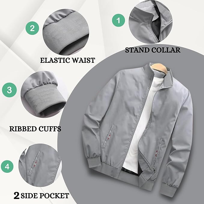 Men's Jacket Low-Cut Standing Collar, Full Sleeves with Elastic |Latest Stylish Jacket for Men | Bomber Jacket for Regular Fit Zip-Up Casual Jacket