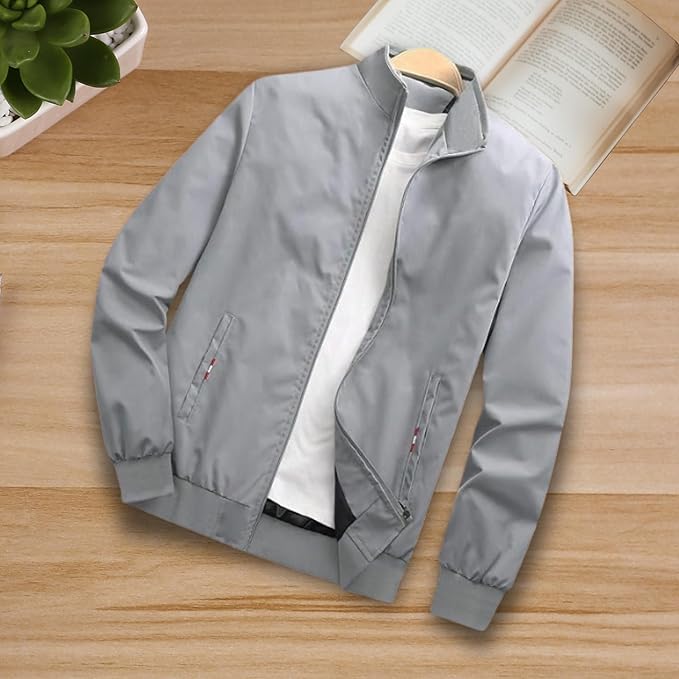 Men's Jacket Low-Cut Standing Collar, Full Sleeves with Elastic |Latest Stylish Jacket for Men | Bomber Jacket for Regular Fit Zip-Up Casual Jacket