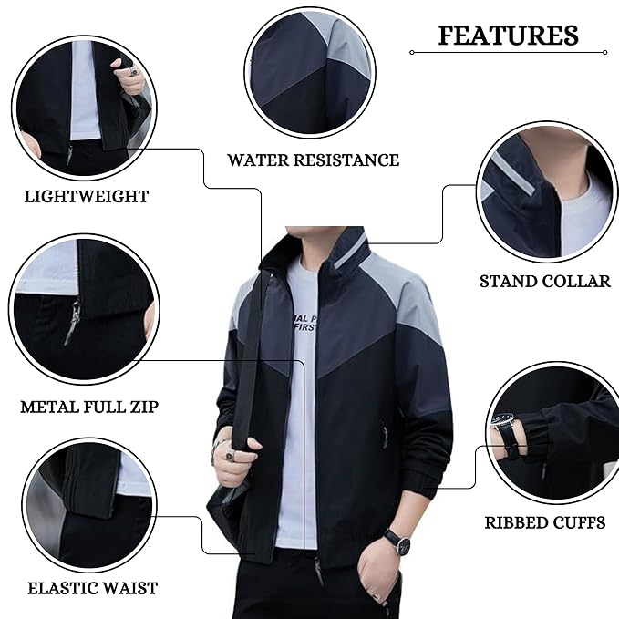Caraba Mens Jackets for Winter, Lightweight Windcheater Jacket, Full Sleeves, Regular Fit, Stylish Stand Collar, Zipper Closure