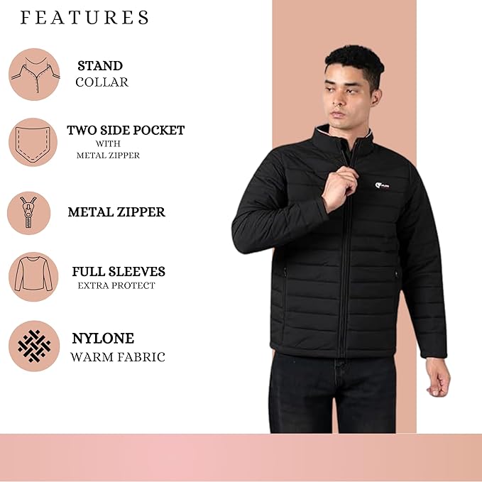 Caraba Men's Bomber Winter Jacket | Regular Fit | Full Sleeve | Zipper Closure | Stand Collar | Stylish, Lightweight, Nylon Trendy Jacket for Men (M)