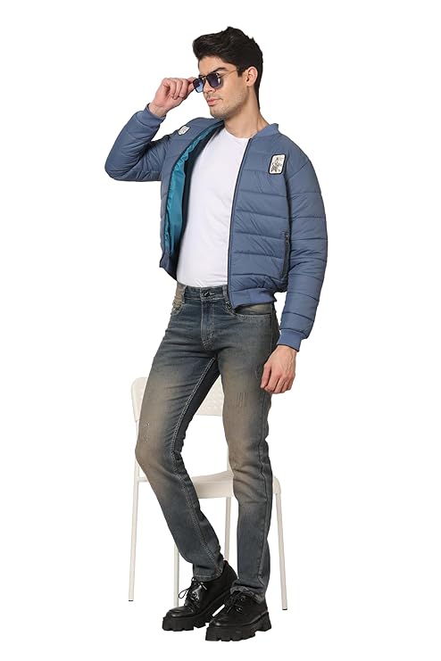 Men's Quilted Full Sleeves Bomber Puffer Zipper Stand Collar Winter Jacket