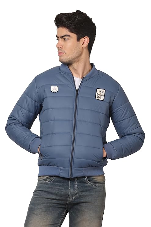 Men's Quilted Full Sleeves Bomber Puffer Zipper Stand Collar Winter Jacket