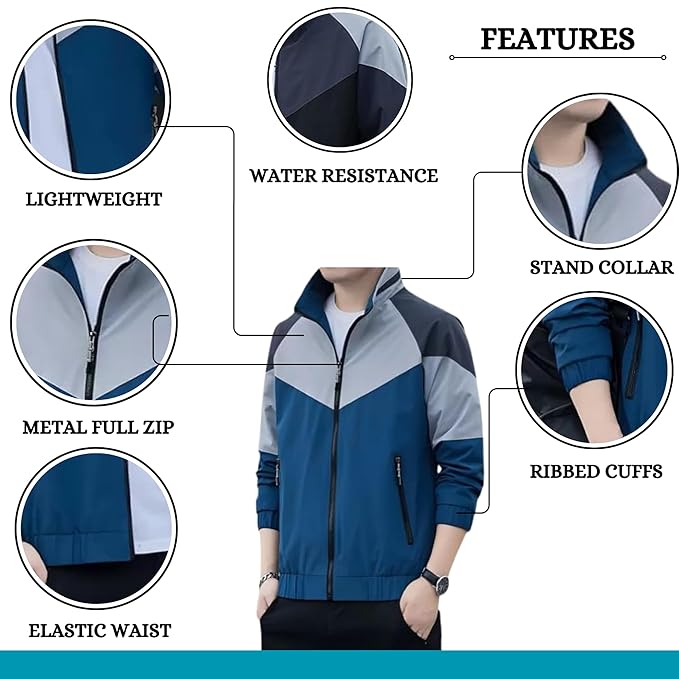 Caraba Mens Jackets for Winter, Lightweight Windcheater Jacket, Full Sleeves, Regular Fit, Stylish Stand Collar, Zipper Closure
