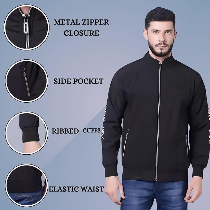 Caraba Men's Lightweight Nylon Jacket for Winter Season| Full Sleeves Zipper Function, Stand Collar Jacket for Bike Riding, Sports & Travel