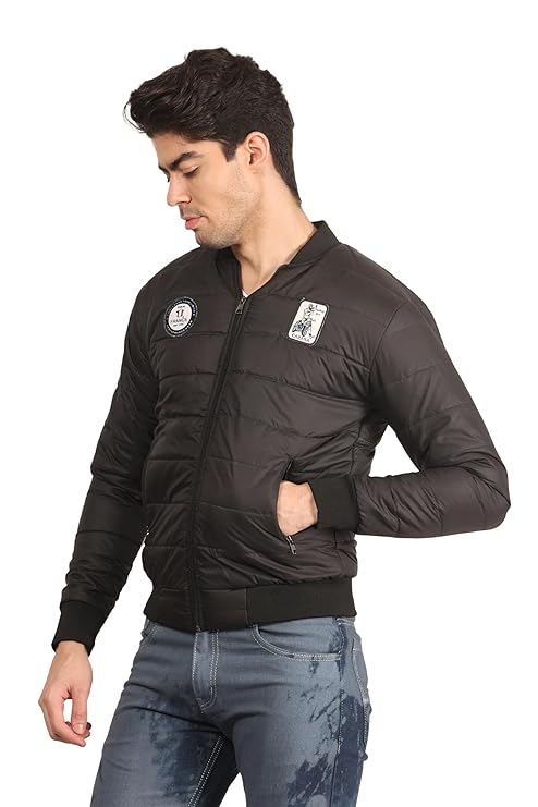 Men's Quilted Full Sleeves Bomber Puffer Zipper Stand Collar Winter Jacket