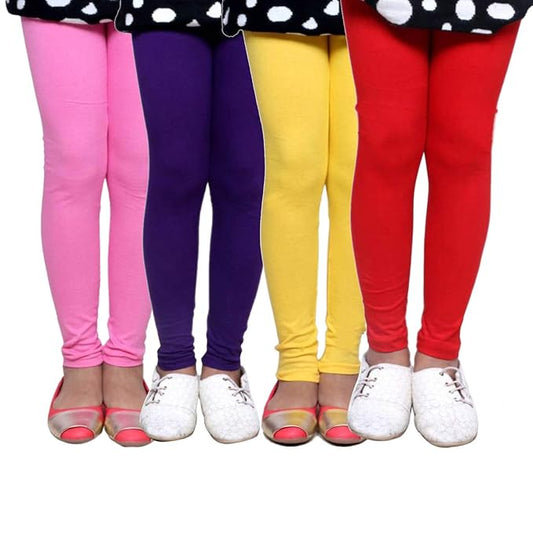 Plain Ankle Length Cotton Leggings for Kids & Girls Pack of 4