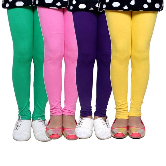 Plain Ankle Length Cotton Leggings for Kids & Girls Pack of 4
