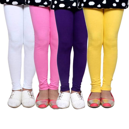 Plain Ankle Length Cotton Leggings for Kids & Girls Pack of 4