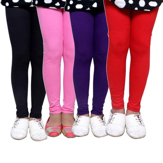 Plain Ankle Length Cotton Leggings for Kids & Girls Pack of 4