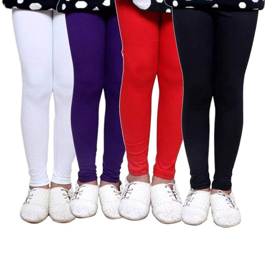 Plain Ankle Length Cotton Leggings for Kids & Girls Pack of 4