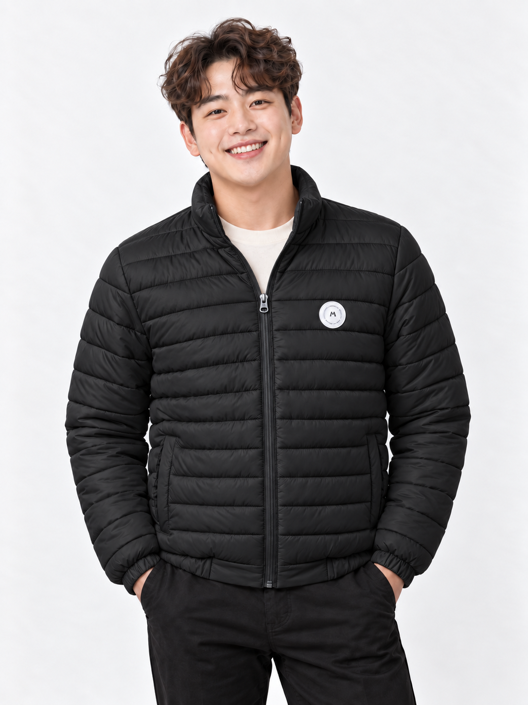 Black puffer jacket front portrait