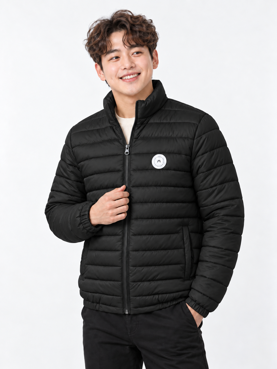 Black puffer jacket studio portrait(4)
