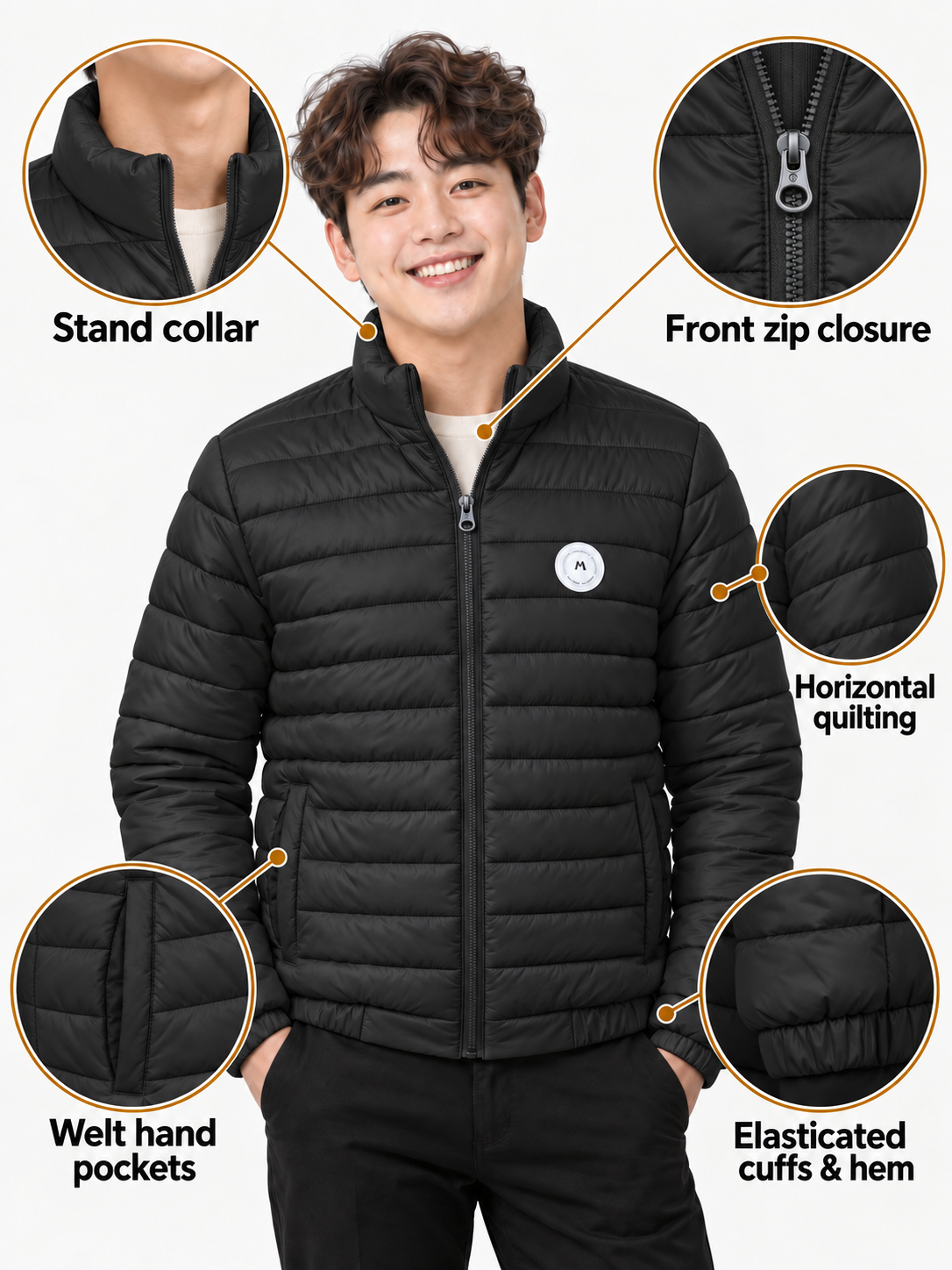 Black quilted puffer jacket details